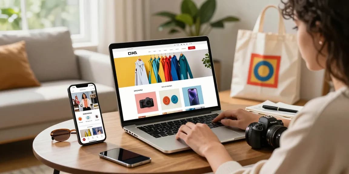 Stylish e-commerce shopping scene featuring a user exploring 123b products online in a cozy home environment.