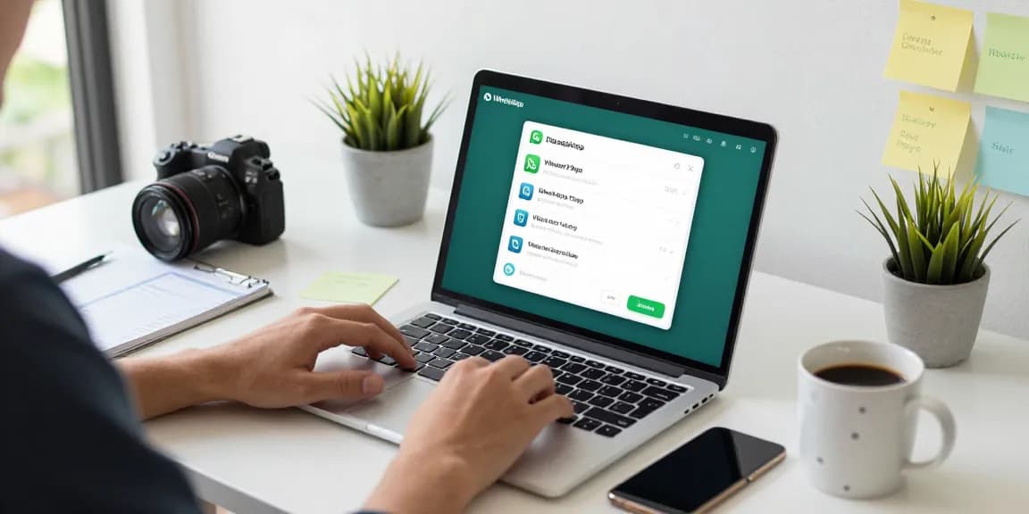 Using WhatsApp電腦版 on a sleek workspace with a laptop and smartphone, emphasizing productivity.