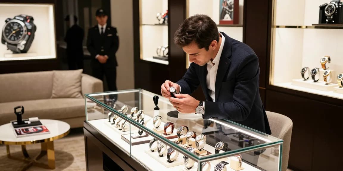 Gleaming collection of replica watches on display in an upscale retail setting.