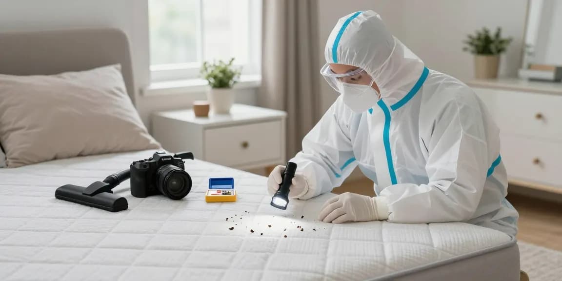 Bed bug exterminator inspecting a mattress for bed bugs in a cozy home environment.