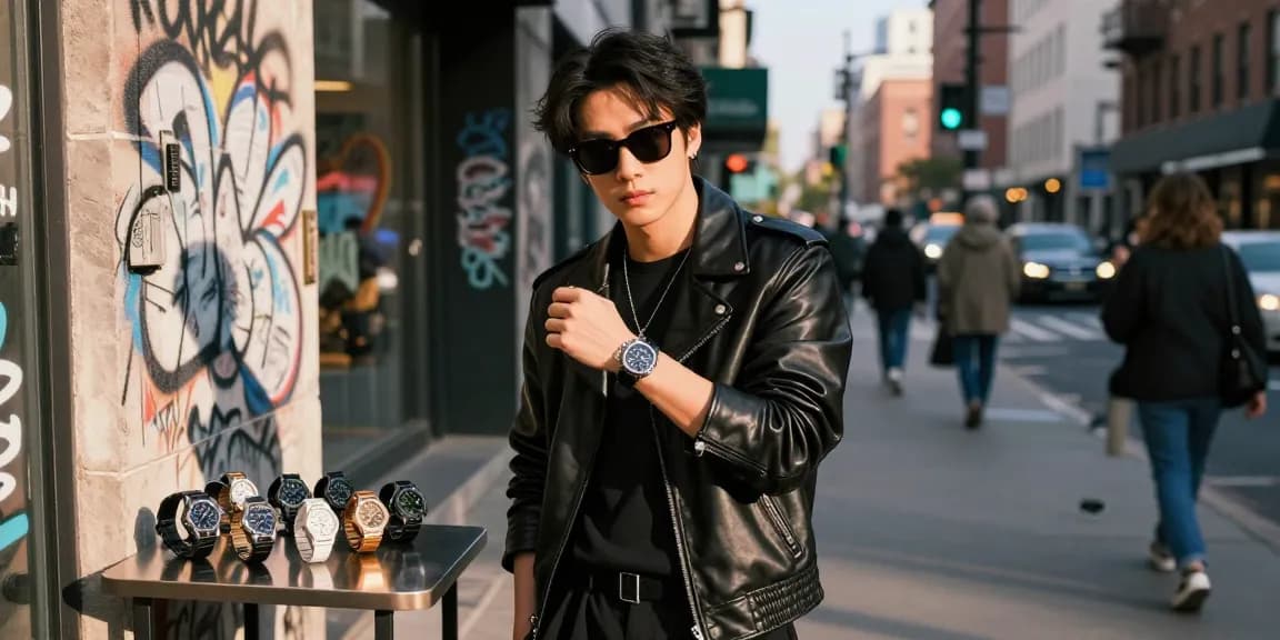 Fashionable individual displaying super clone watches in a vibrant urban setting.