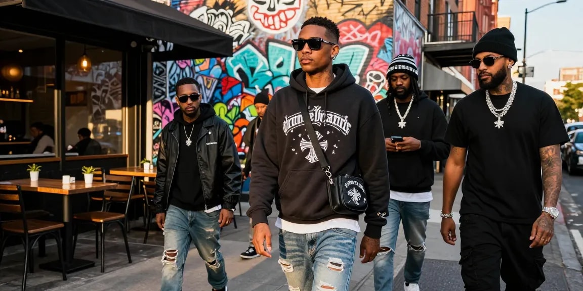 Stylish individual showcasing Chrome Hearts fashion in an urban setting, featuring a hoodie, sunglasses, and accessories.
