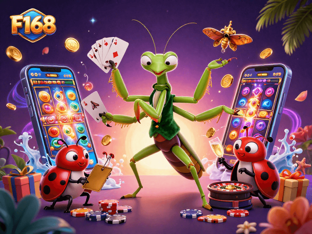 Experience thrilling gaming at F168, featuring a vibrant casino scene with unique characters and action-packed slots.