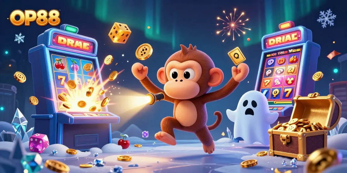 Experience the thrilling vibes of OP88 with a ghostly monkey juggling golden treasures in a vibrant haunted casino scene.