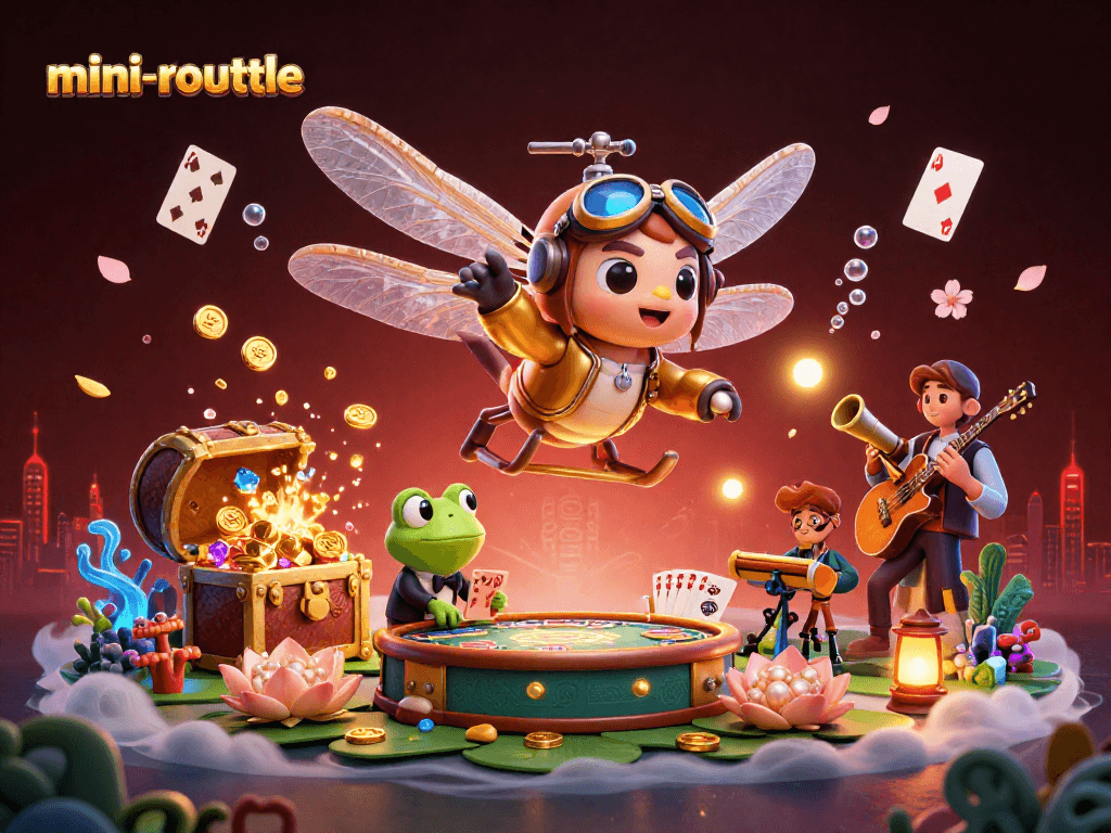 Engage in mini-roulette action with vibrant characters at a lily pad casino, bringing luck and excitement!