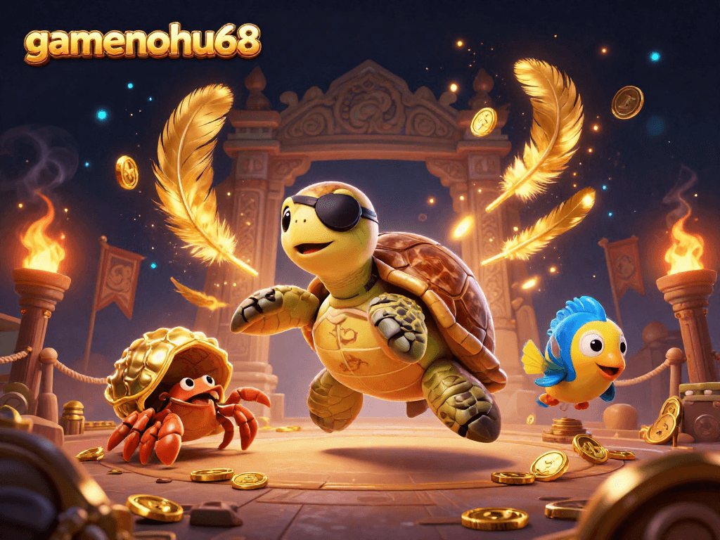 Join the adventure of gamenohu68 with a pirate turtle and friends among treasure in this vibrant scene.