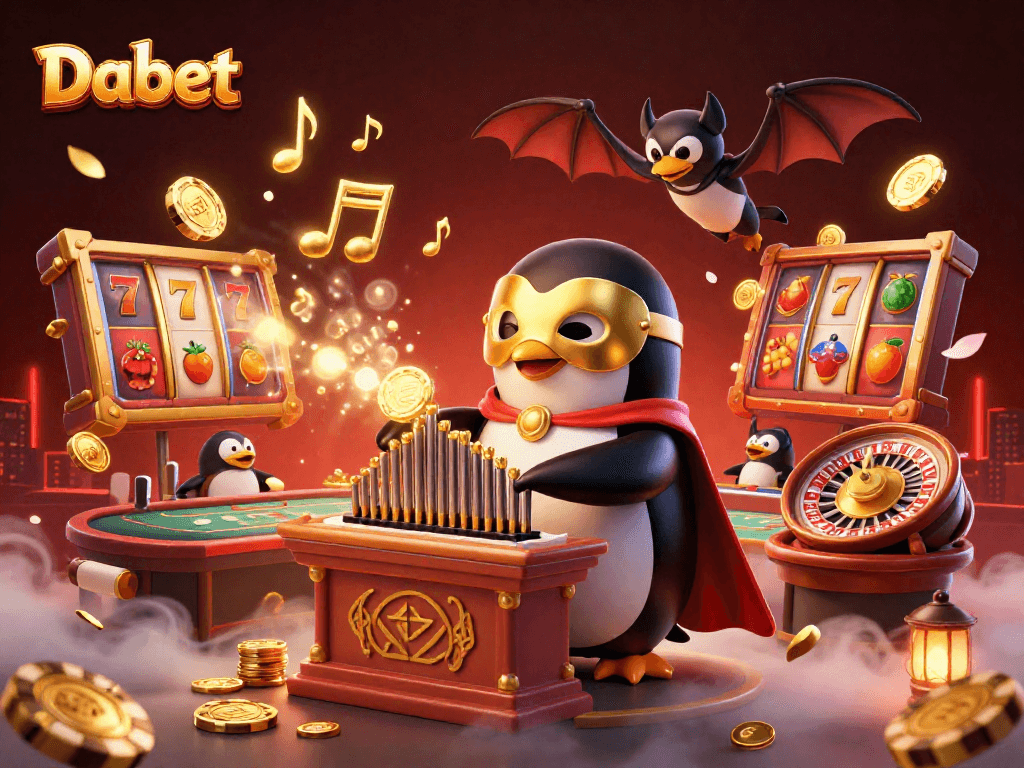 Dabet offers thrilling gaming experiences with colorful slot reels and vibrant casino elements in a dynamic scene.