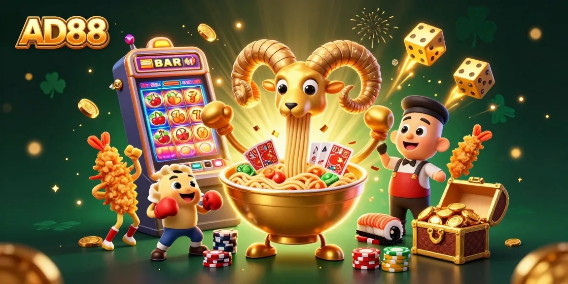 Experience the excitement of AD88 with engaging characters and vibrant casino elements in a colorful scene.