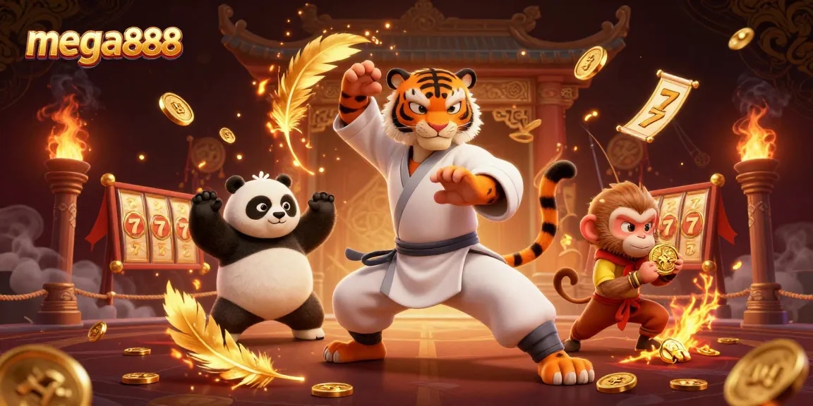 Experience thrilling gameplay with mega888 as a kung fu tiger and panda disciple in a vibrant casino scene.