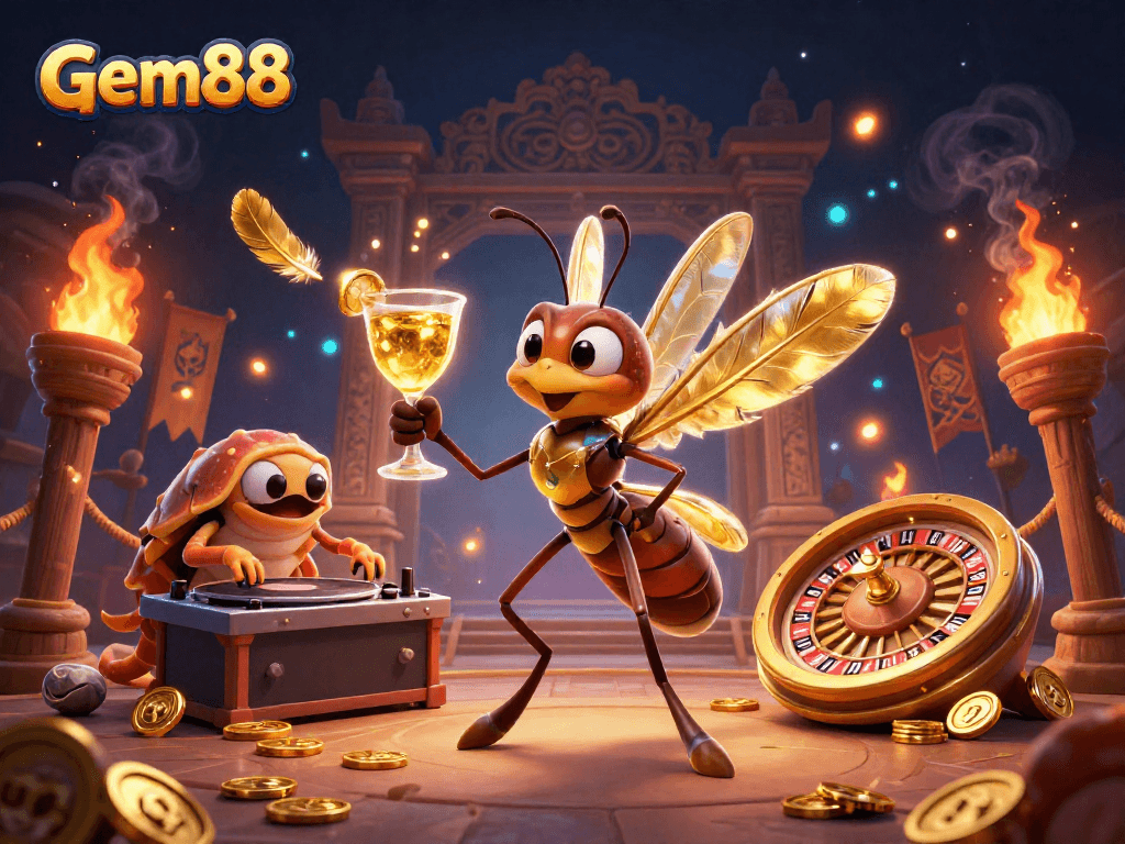 gem88 offers a lively casino scene featuring a unique frozen mosquito mascot and dynamic gaming elements.