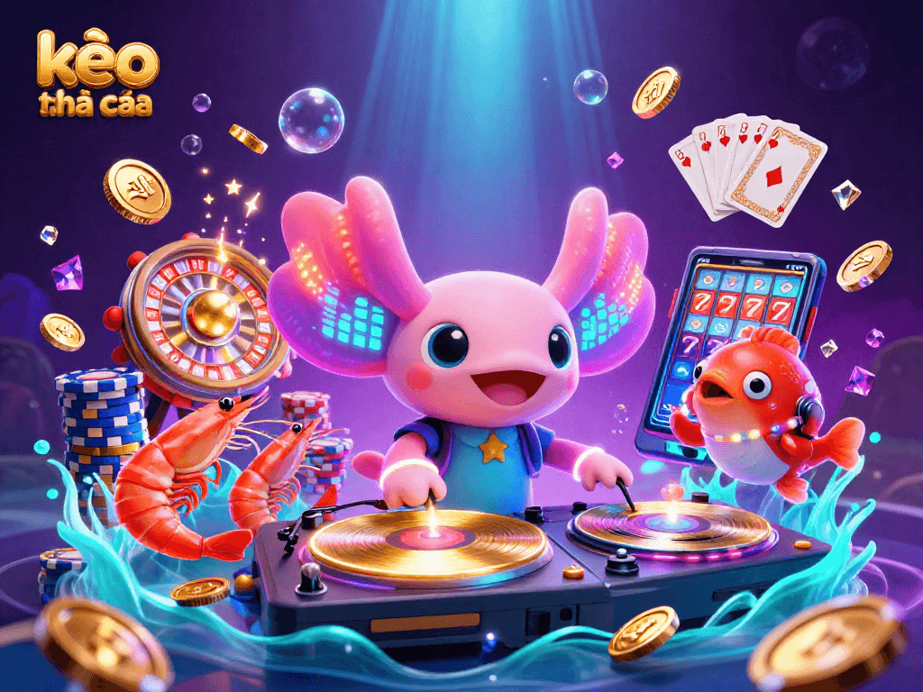 Experience the thrill of kèo nhà cái with a vibrant underwater casino scene featuring an axolotl DJ amidst dazzling gaming elements.