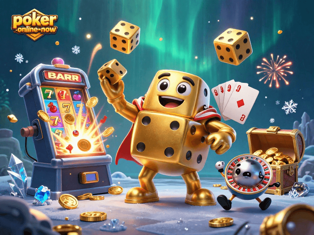 Experience the excitement of poker-online-now with a lively 3D casino illustration filled with vibrant gaming elements.