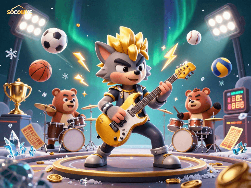 SOCOLIVE showcases a dynamic casino scene with a 3D wolf rock star and sports elements in vibrant detail.