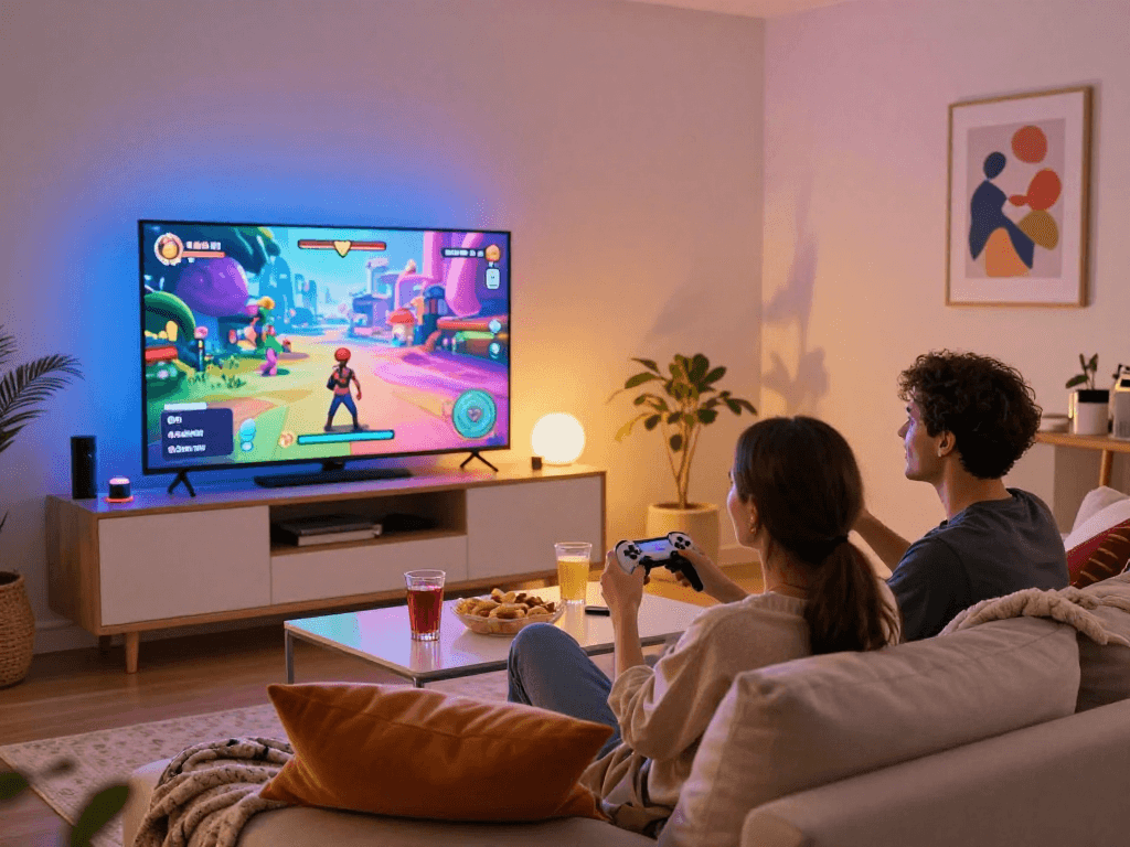 Couple enjoying a thrilling sex game together in a cozy gaming lounge.