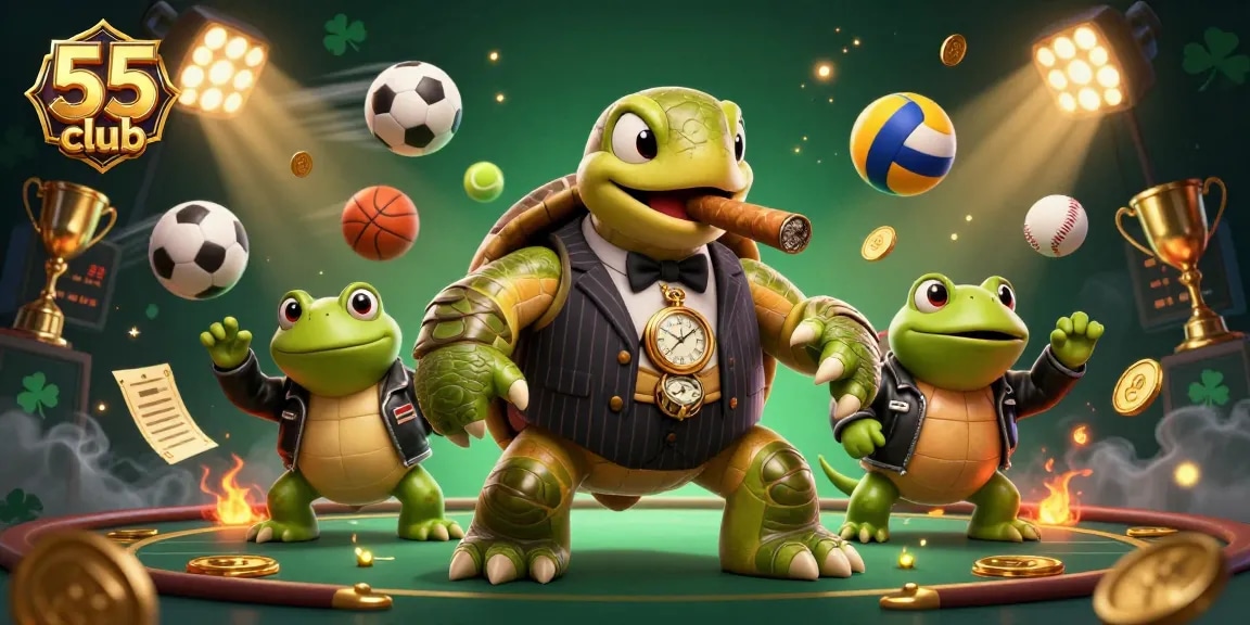55 club showcases a lively casino scene with a mobster turtle and sports elements in action.