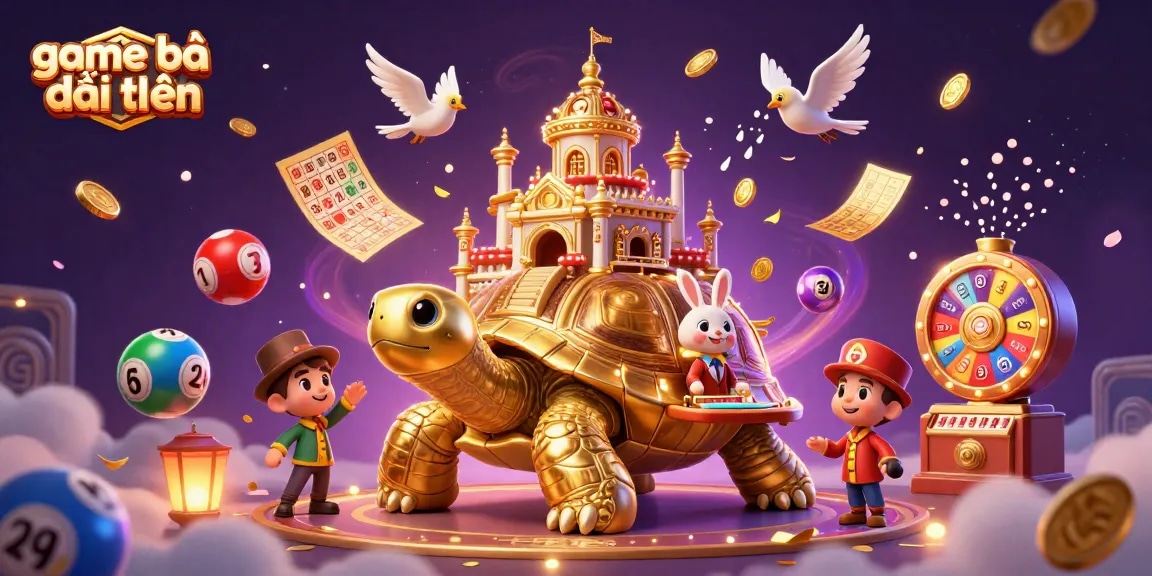 Engage with game bài đổi thưởng in a vibrant 3D casino scene featuring golden tortoise and rabbit dealer.