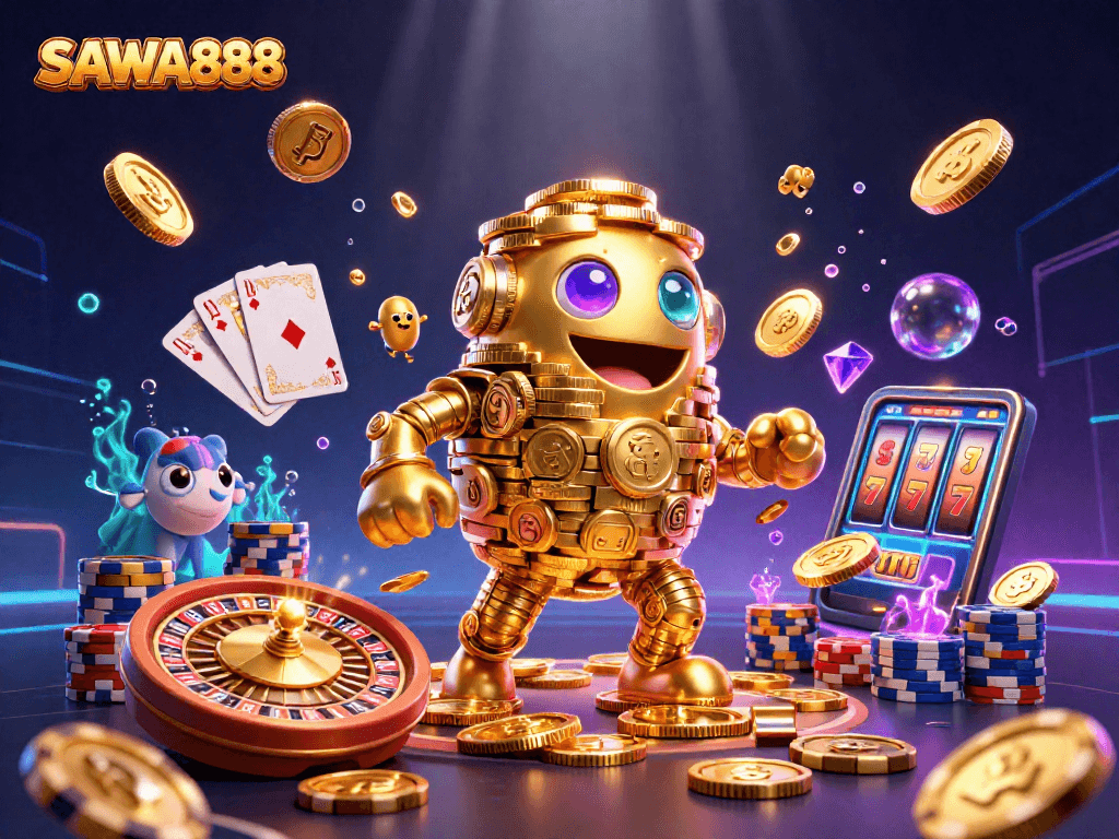 Deposit and play at SAWA888, where a golden golem and casino elements create a vibrant gaming experience.
