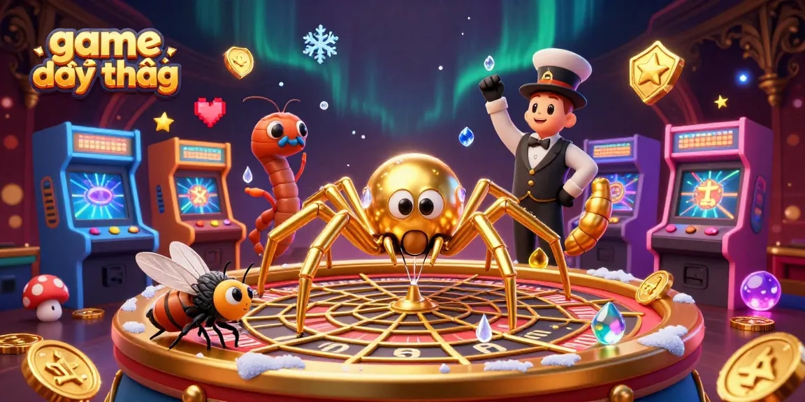 Engage with game đổi thưởng through a vibrant 3D cartoon illustration of a spider, fly, and centipede in a casino setting.