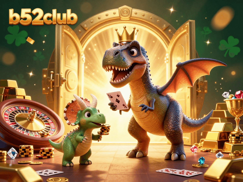 b52club T-Rex shuffling cards with a pterodactyl and triceratops in an exciting casino illustration.