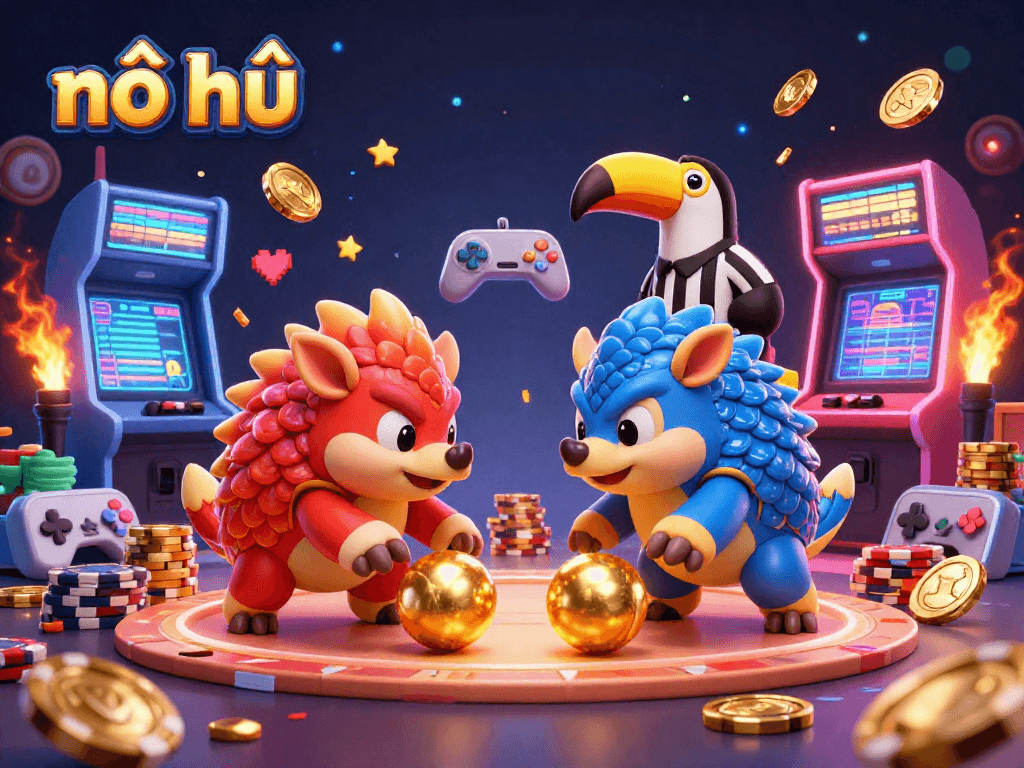 Nổ hũ jackpot game featuring rival pangolins rolling golden balls past poker chips in a vibrant 3D scene.