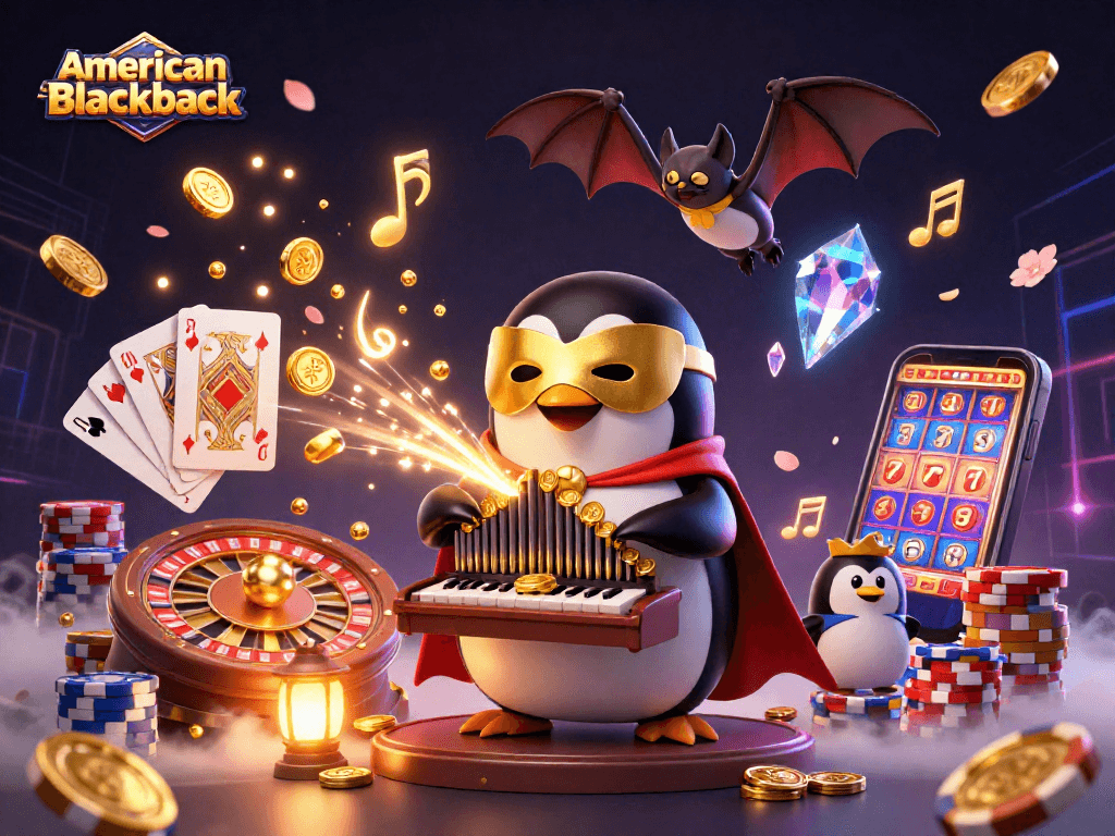 Engage in American Blackjack excitement with vibrant 3D characters amid dynamic casino elements.