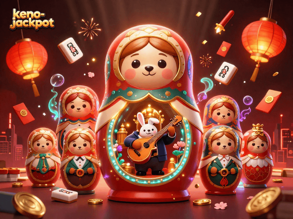 Keno-jackpot offers a unique gaming experience with dynamic characters in a vibrant casino scene filled with fireworks and lanterns.