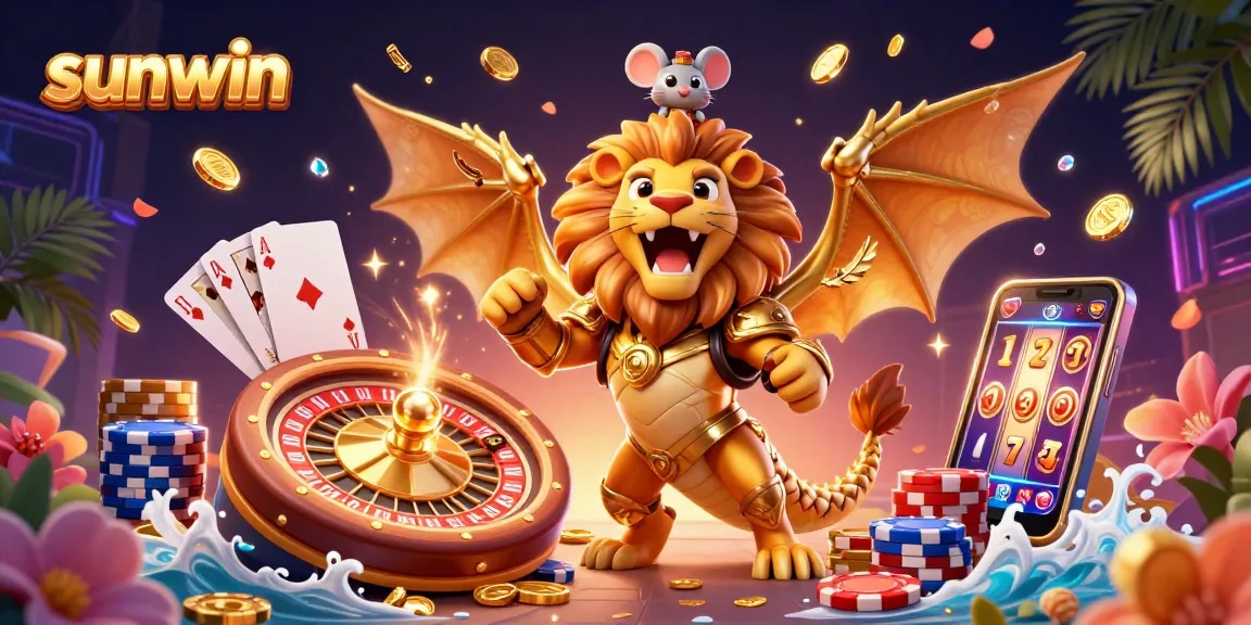 Experience the excitement with Sunwin as golden coins cascade amidst a roaring chimera and arcade-style gambling elements.
