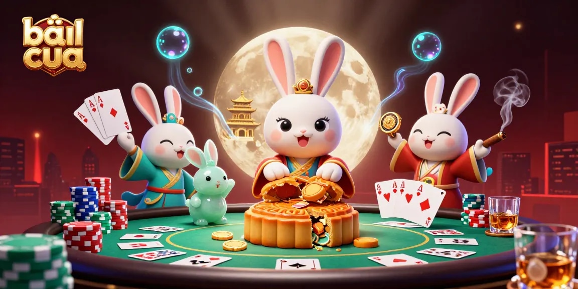 Engage with bầu cua as the moon rabbit reveals poker chips from mooncakes in a vibrant casino scene.