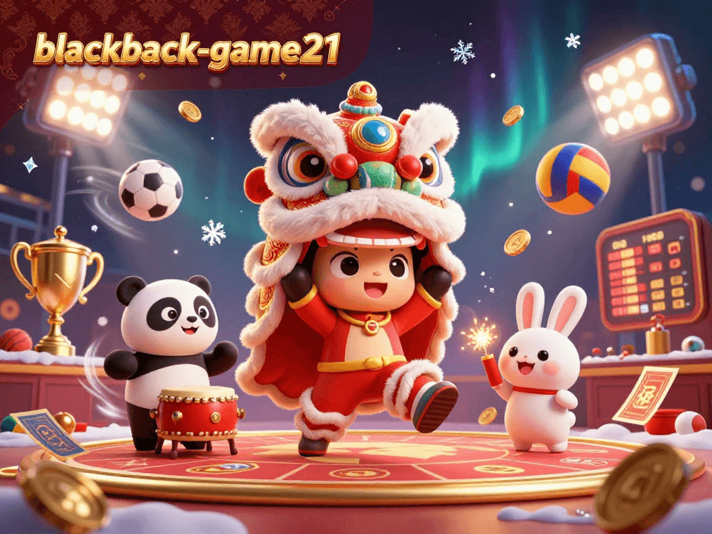 Engage with blackjack-game21 and enjoy a festive casino scene featuring excited characters and vibrant game elements.