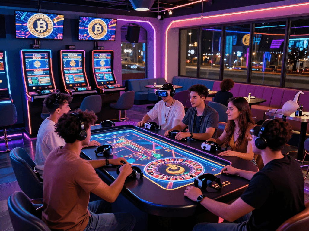 Exciting crypto casino atmosphere with friends enjoying digital roulette, showcasing a vibrant gaming lounge.