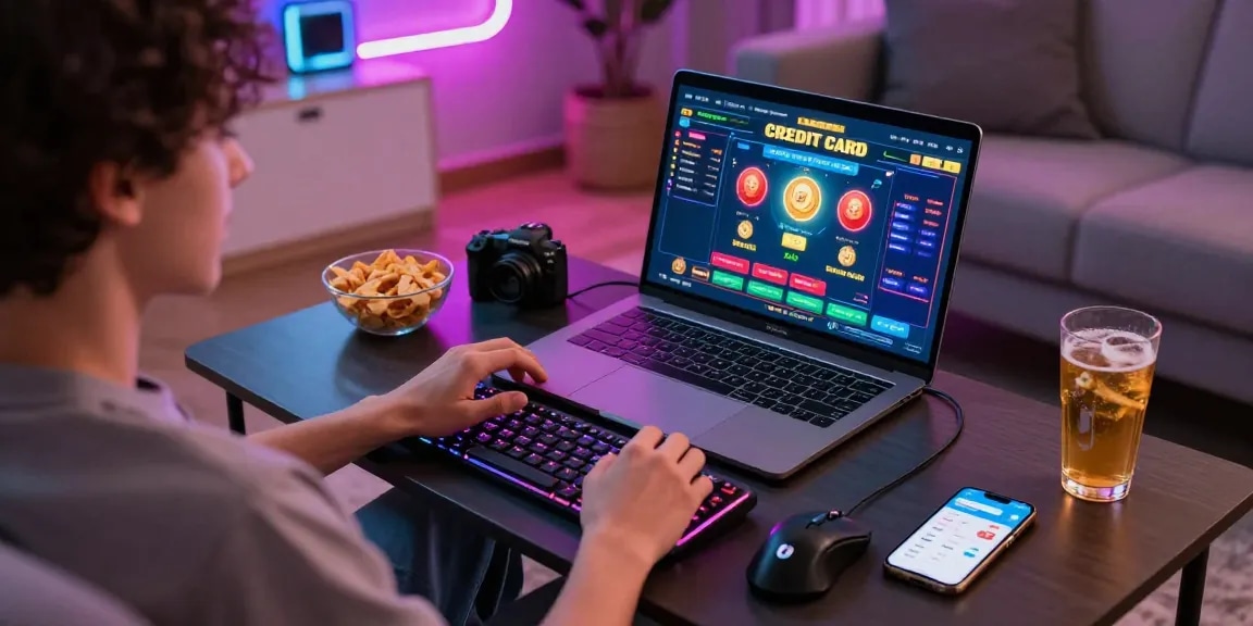 Exciting scene of a player enjoying credit card casinos from home, with vibrant game graphics and gaming accessories