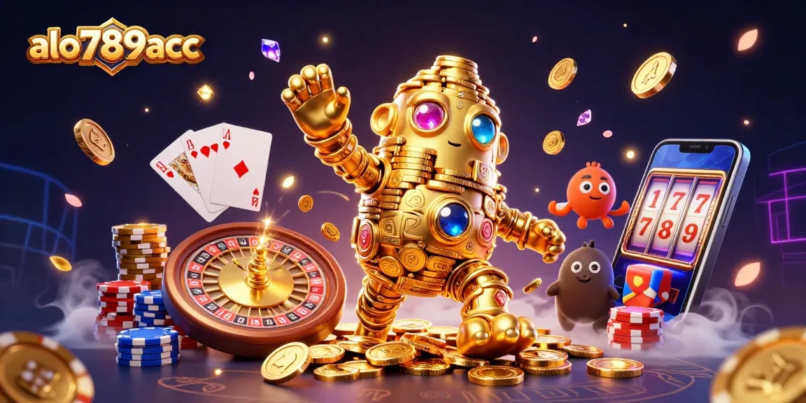 Join the excitement of alo789acc with ancient gold golem surrounded by casino winnings and dynamic game elements.