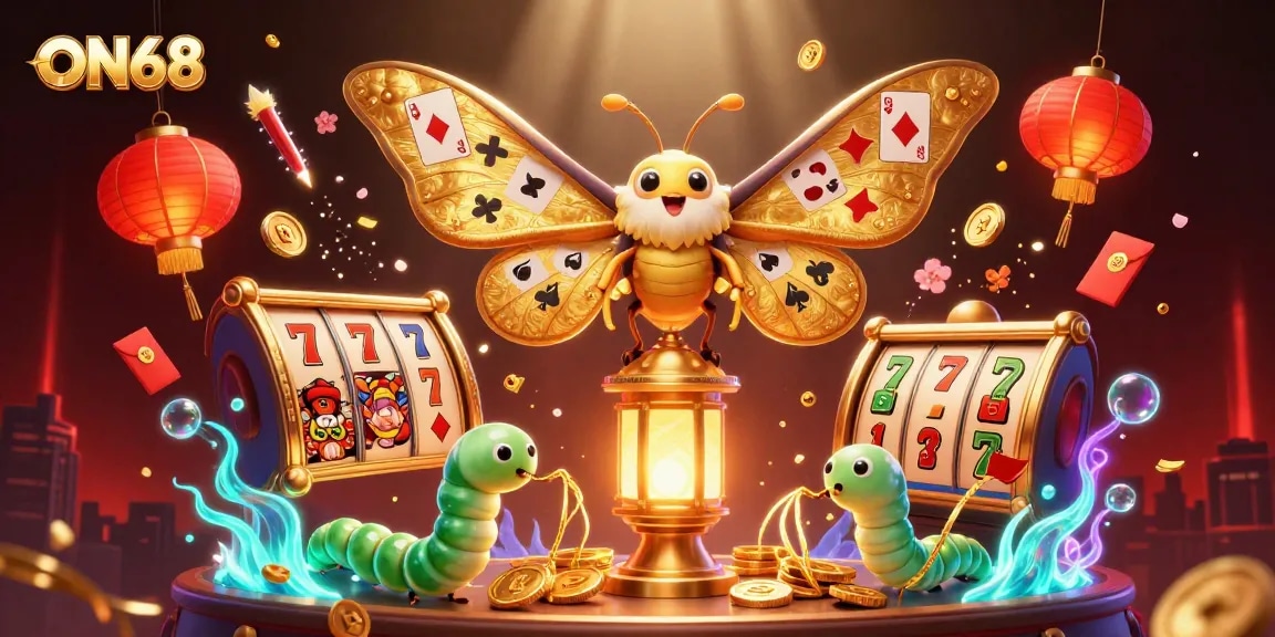 Engage in ON68’s vibrant casino world with golden moths and slot reels lighting up the scene.