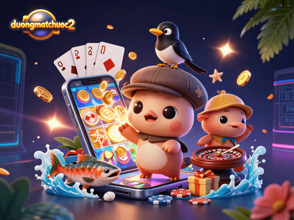 Experience duongmatchuoc2's excitement with vibrant casino-themed 3D imagery showcasing lively characters and slot game elements.