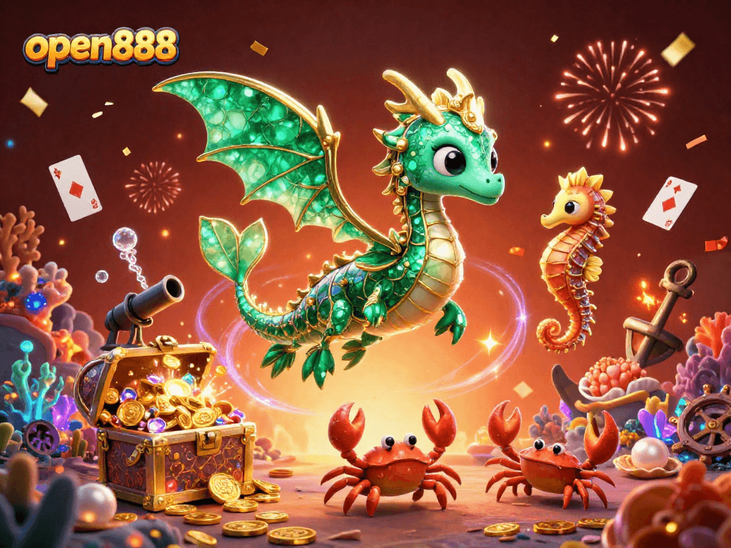 Join open888 for thrilling underwater gaming adventures with a sea dragon, treasure and confetti!