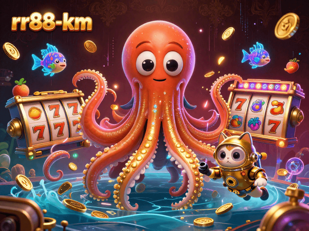 Engage with the thrilling rr88-km slots scene featuring a kraken, diving cat, and colorful symbols.
