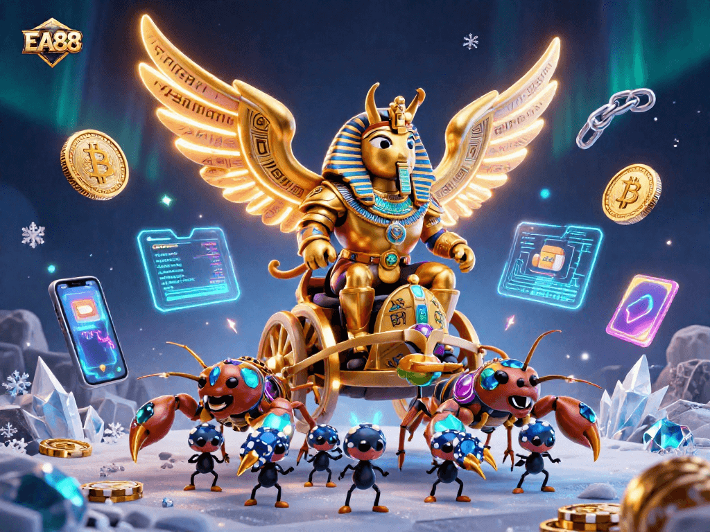 EA88 captivates players with a vibrant casino scene featuring golden scarab and scorpions among crypto elements.
