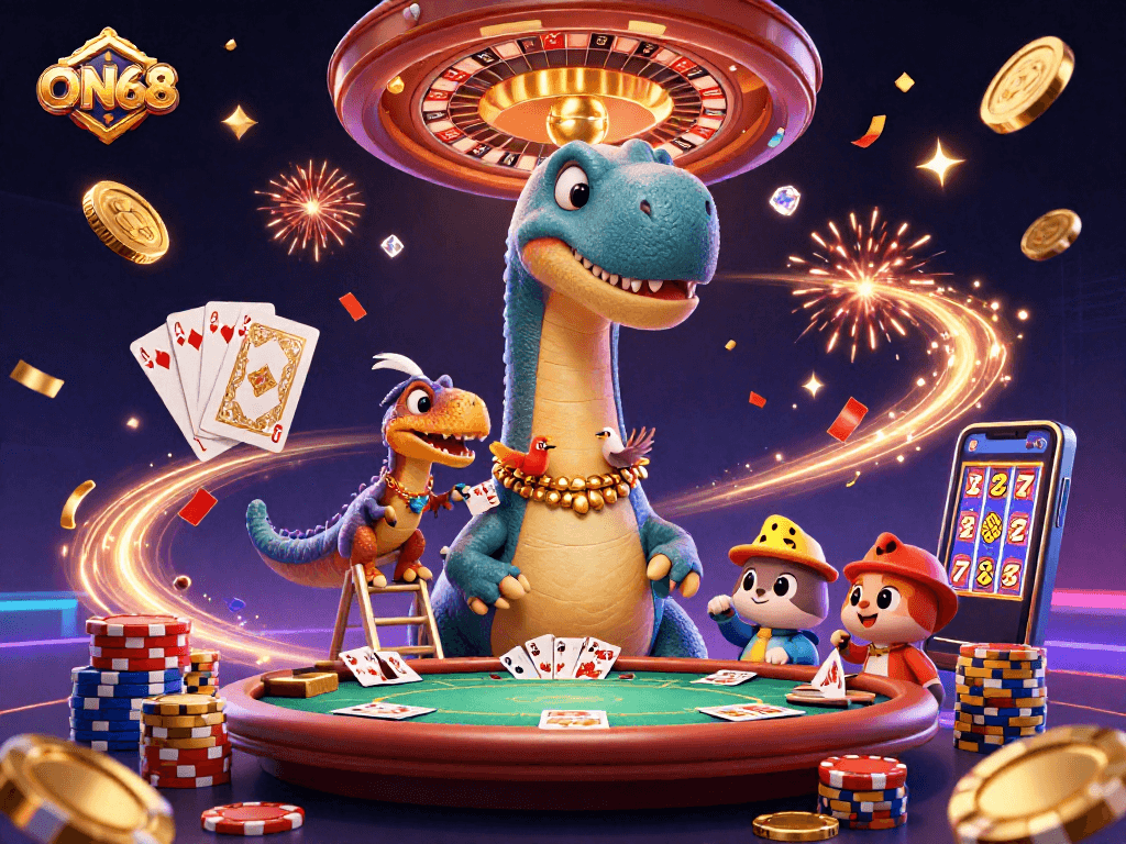 Experience the thrilling atmosphere at ON68 with a lively casino scene featuring unique characters and vibrant elements.