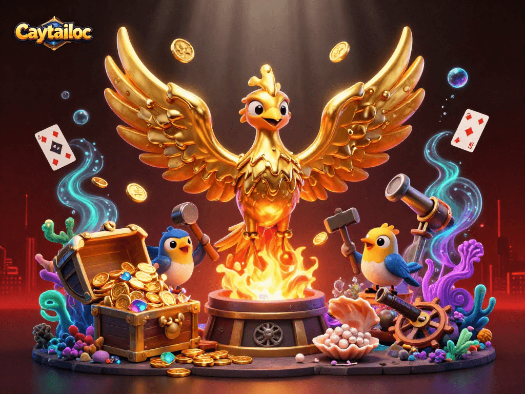 Caytailoc offers exciting jackpot gameplay where 3D golden phoenix interacts with treasure elements.