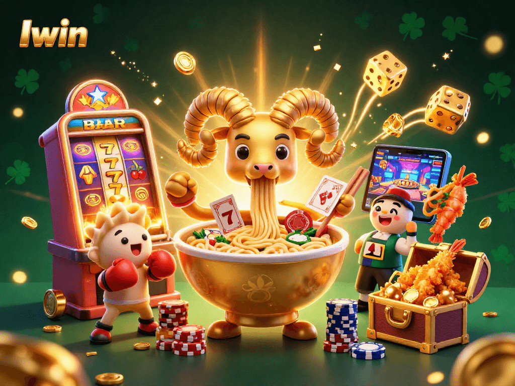 Iwin showcases thrilling casino action with a vibrant ramen bowl dealer and dynamic game elements exploding with excitement.