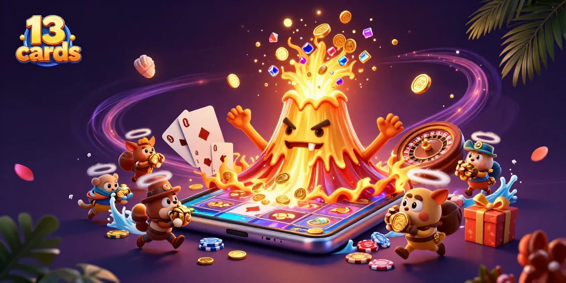 Engage in the dynamic game of 13 cards with vibrant casino elements and a treasure-filled scene.