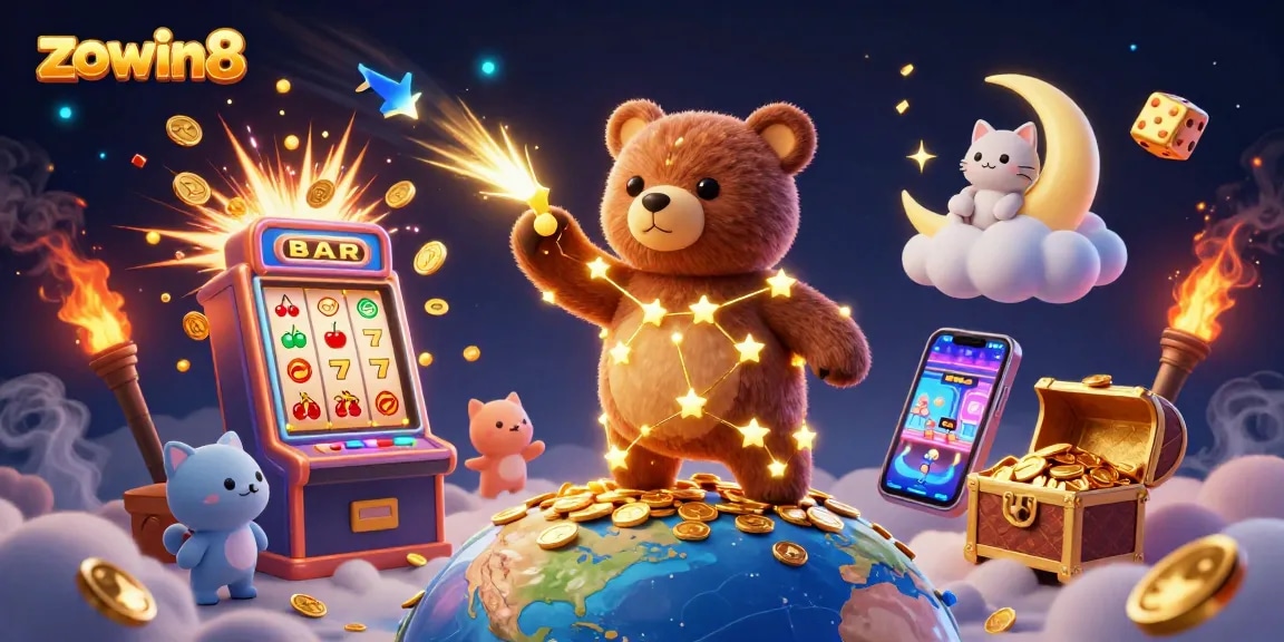 This vibrant illustration showcases zowin8's casino environment, featuring a constellation bear alongside immersive slot elements.