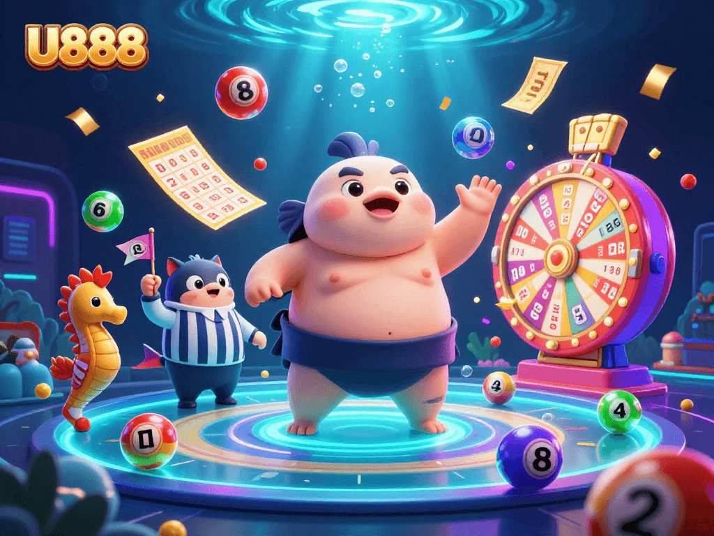 Experience U888's thrilling underwater casino scene with vibrant gaming elements and animated characters.