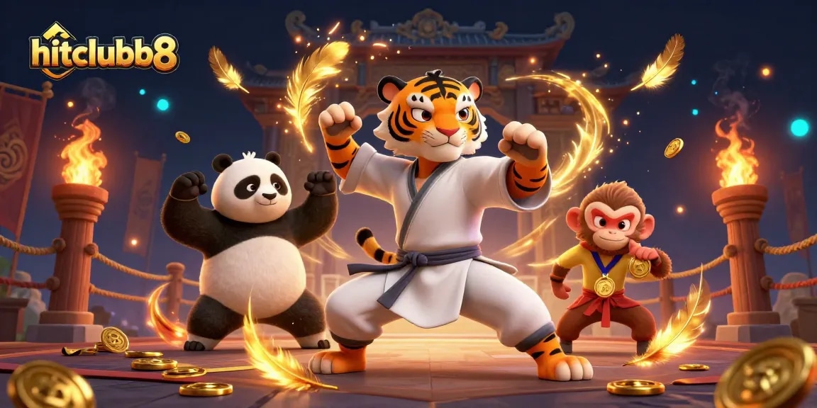 Hitclubb8 showcases a kung fu tiger and panda disciple in a vibrant gambling arena.