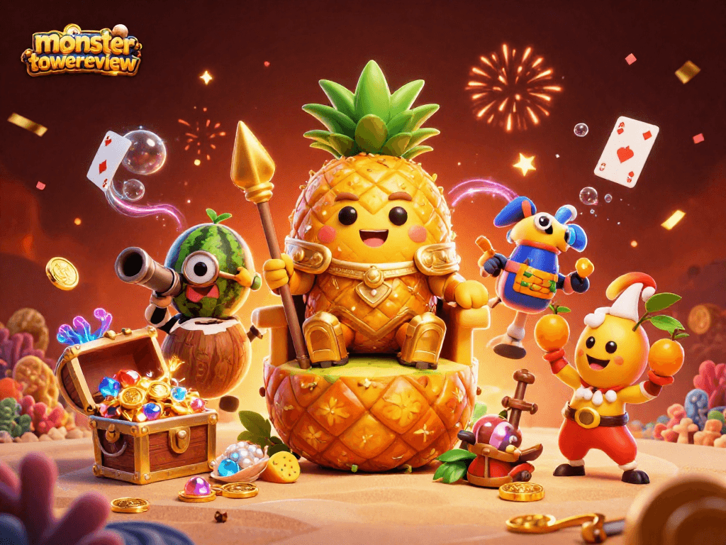 Engage in thrill with monstertowerreview as the golden pineapple king leads the beach casino journey.