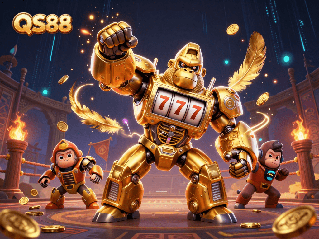 Experience thrilling gameplay with QS88's golden gorilla mech amidst spinning slot reels and vibrant casino elements.
