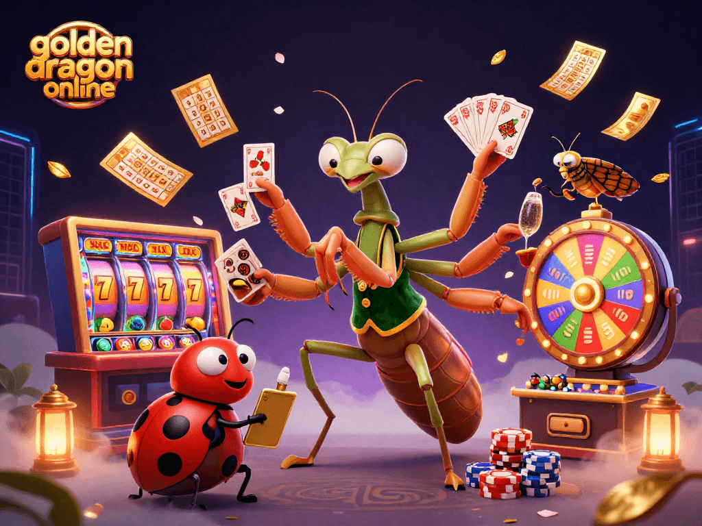 A giant praying mantis card sharp and ladybug pit boss celebrate vibrant gameplay in golden dragon online casino, showcasing slot reels and prize elements.