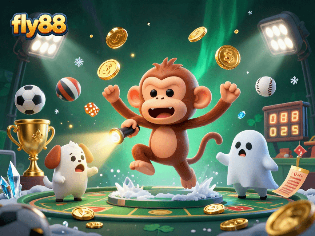 Experience thrilling action with fly88, where a mischievous poltergeist monkey juggles gold coins in a haunted casino.