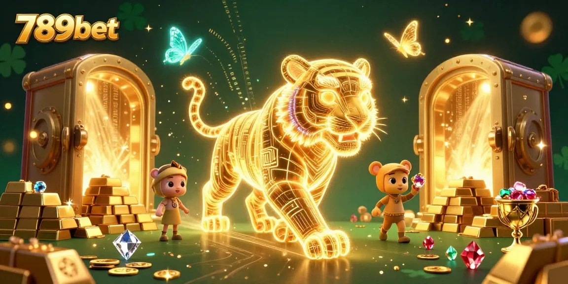 Experience the vibrant world of 789bet with a neon golden tiger navigating a digital casino.