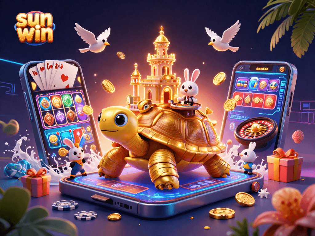 Experience the vibrant sun win casino scene with a golden tortoise and rabbit dealer.